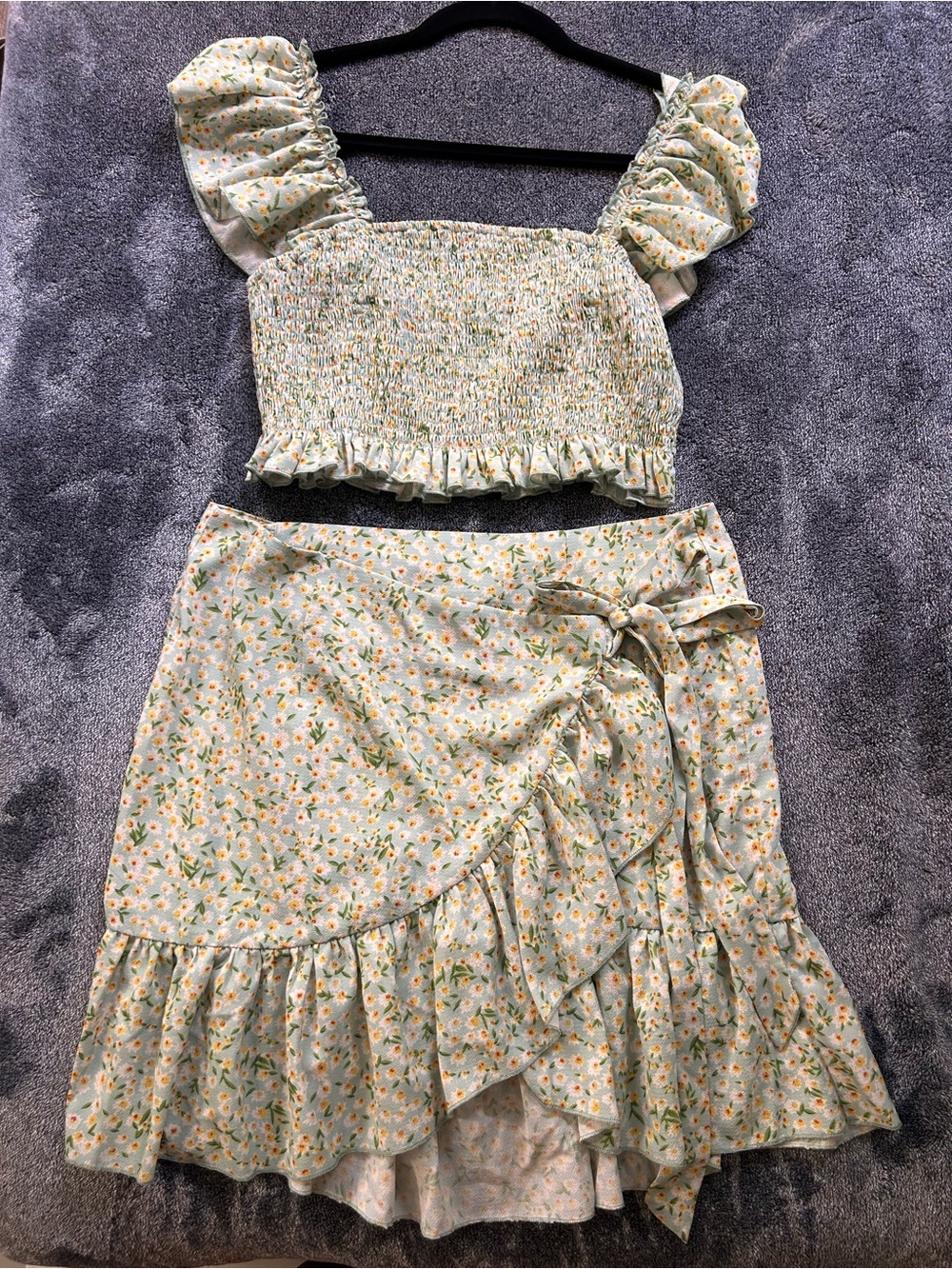 Floral Ruffle Wrap Skirt Set in Light Green